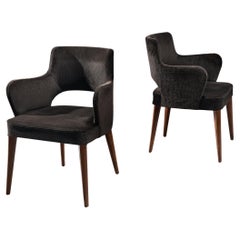 Retro Elegant Pair of Armchairs in Dark Grey Upholstery and Stained Wood 