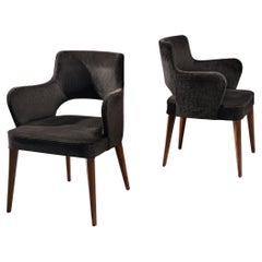 Elegant Pair of Armchairs in Dark Grey Upholstery and Stained Wood