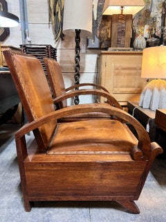 Elegant Pair of Art Deco French Club Wood Chairs in Original Leather