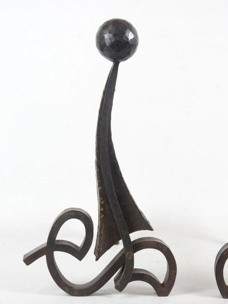 Elegant Pair of Art Deco Hammered Iron Andirons Circa 1930/1950
price is for the pair