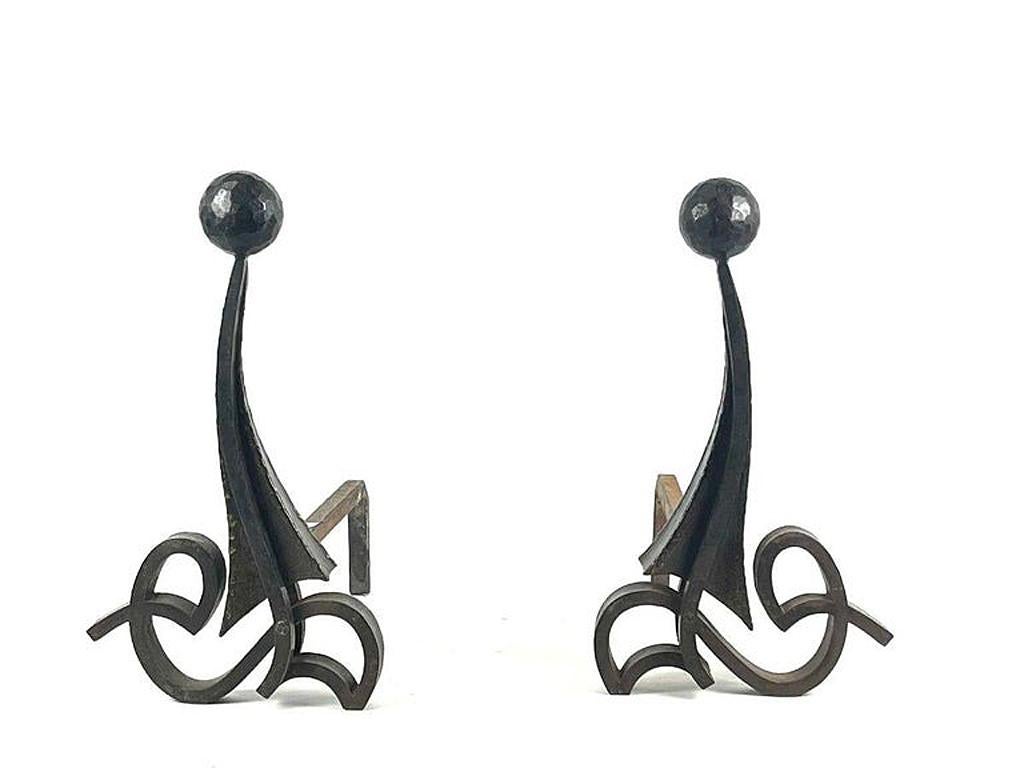 European Elegant Pair of Art Deco Hammered Iron Andirons Circa 1930/1950 For Sale