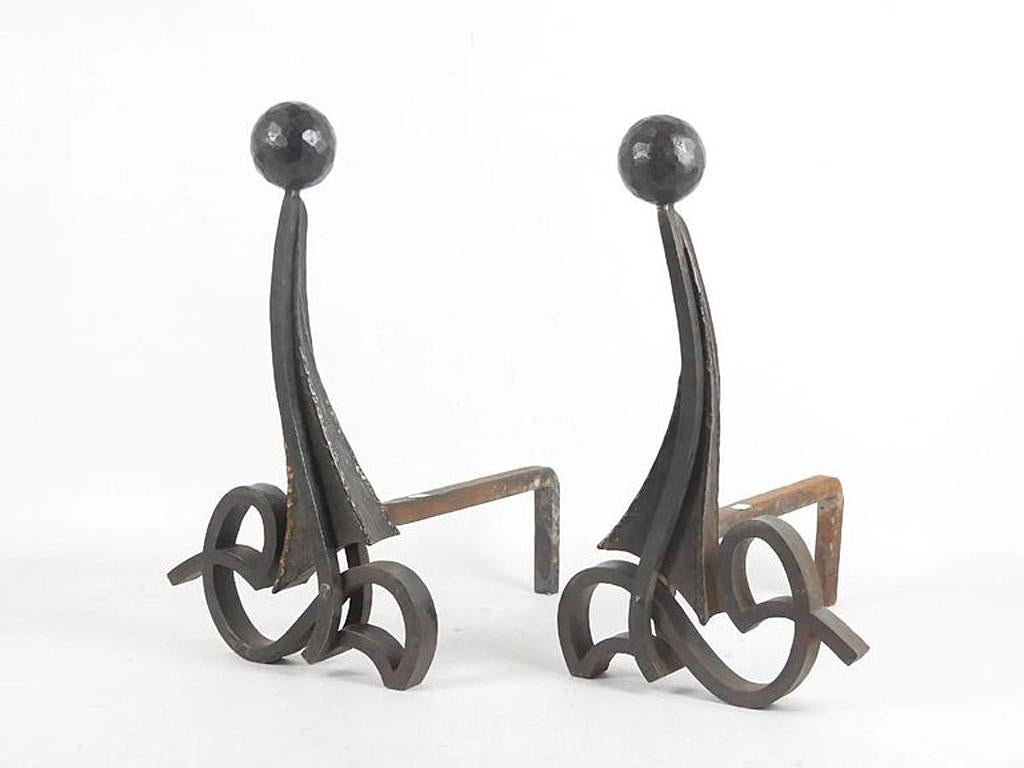 Elegant Pair of Art Deco Hammered Iron Andirons Circa 1930/1950 For Sale 1