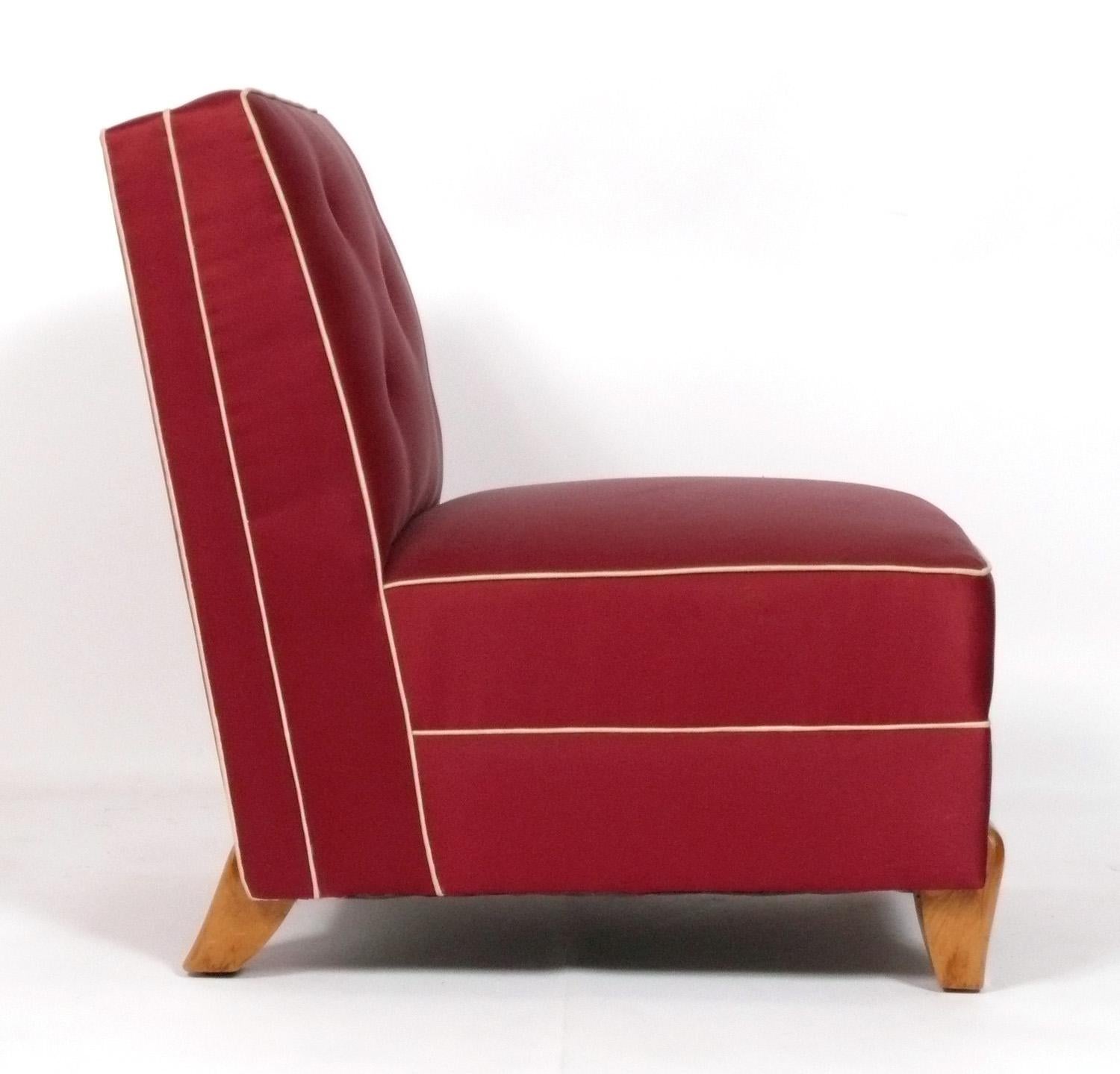 American Elegant Pair of Art Deco Style Slipper Chairs Reupholstered In Your Fabric
