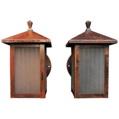 Antique Elegant Pair of Arts & Crafts Copper Outdoor Sconces