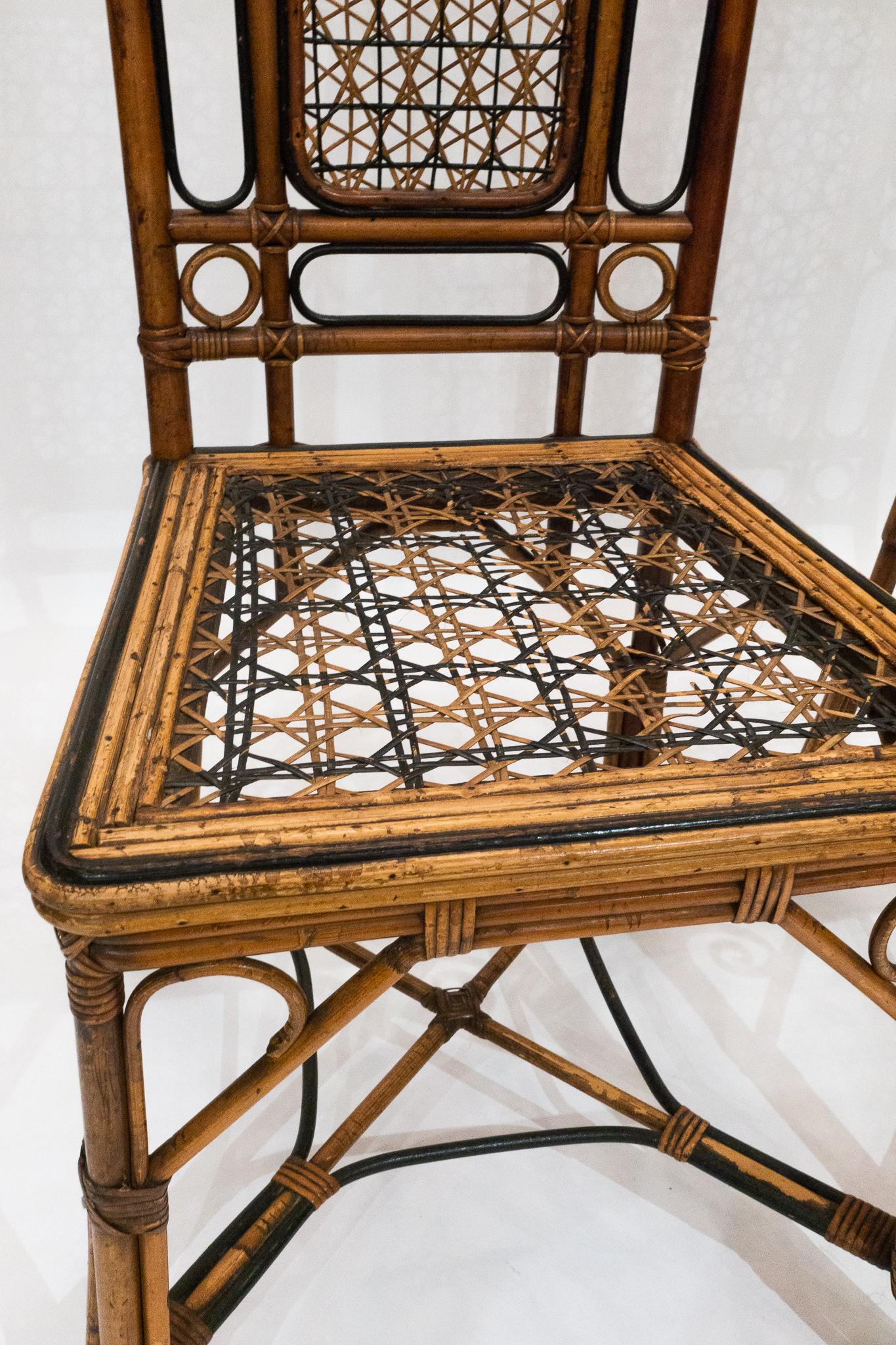 Unknown Elegant Pair of Bamboo and Wicker Chairs, Early 20th Century