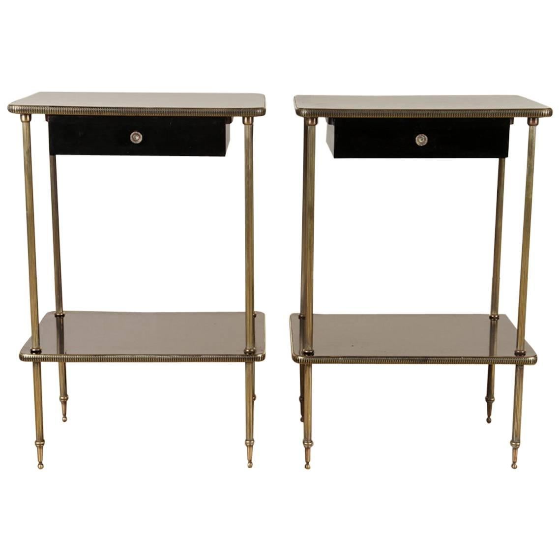 Elegant Pair of Black Lacquer and Brass End or Bedside Tables