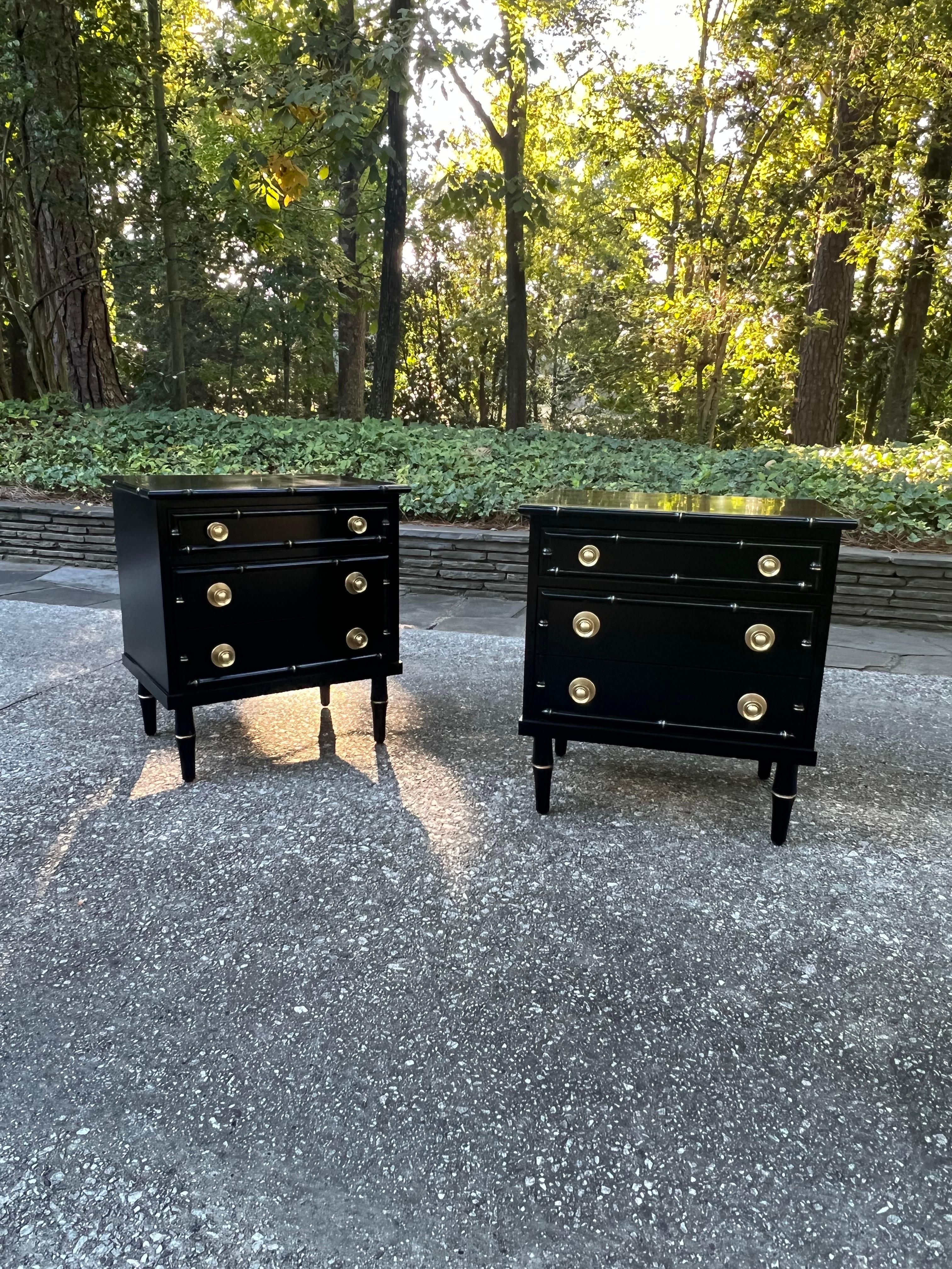 These magnificent small chests are shipped as professionally photographed and described in the listing narrative: Meticulously professionally restored and completely installation ready. 

An exquisite pair of meticulously restored black lacquer