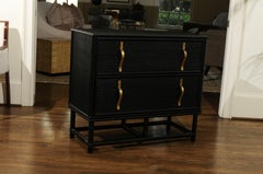 Elegant Pair of Black Lacquer Cane and Brass Commodes by Tommi Parzinger