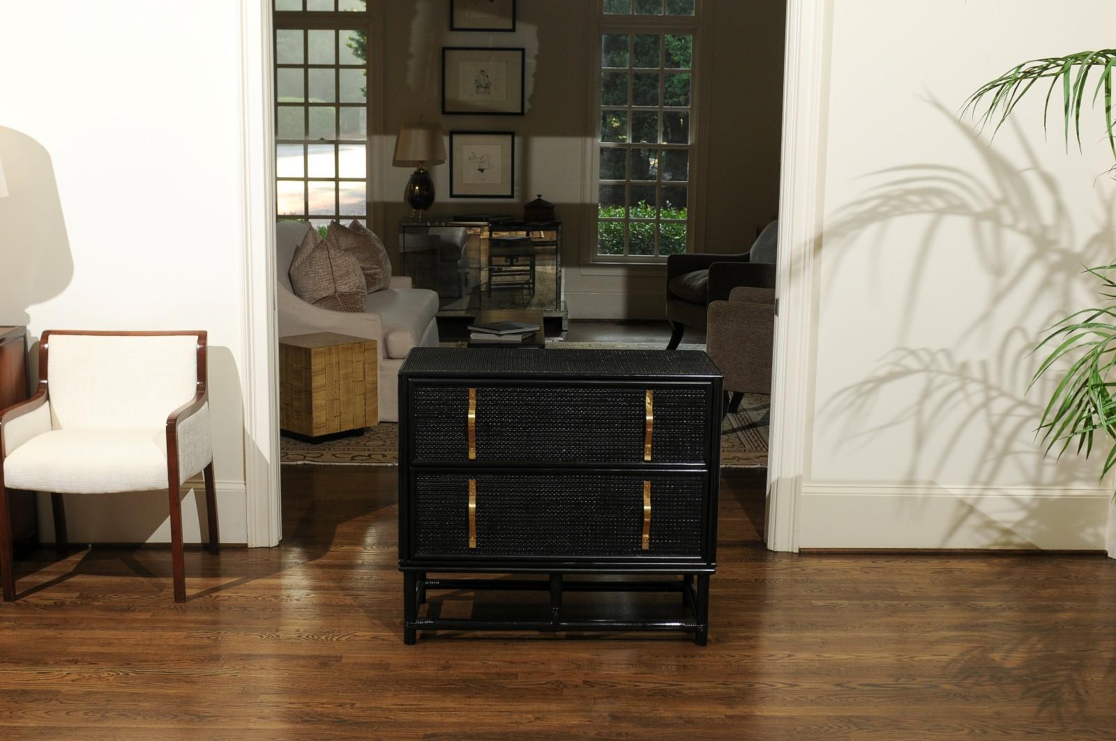 American Elegant Pair of Black Lacquer Cane and Brass Commodes by Tommi Parzinger For Sale