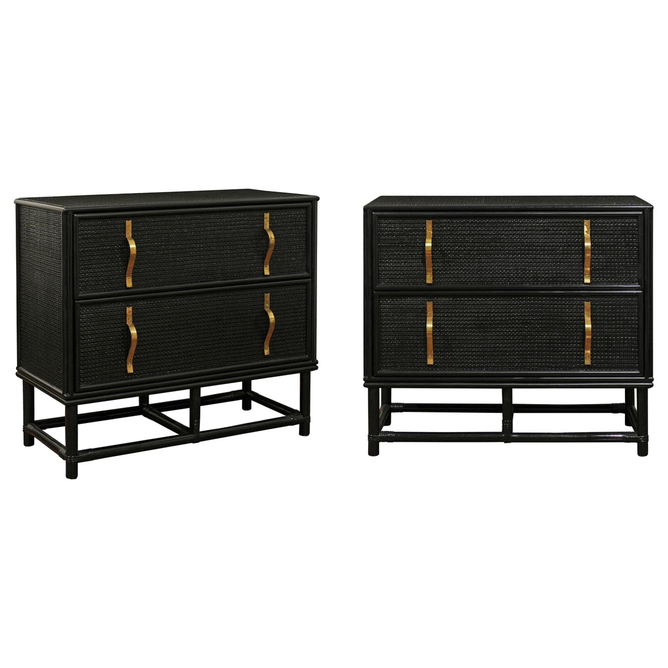 Elegant Pair of Black Lacquer Cane and Brass Commodes by Tommi Parzinger For Sale