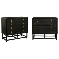 Elegant Pair of Black Lacquer Cane and Brass Commodes by Tommi Parzinger