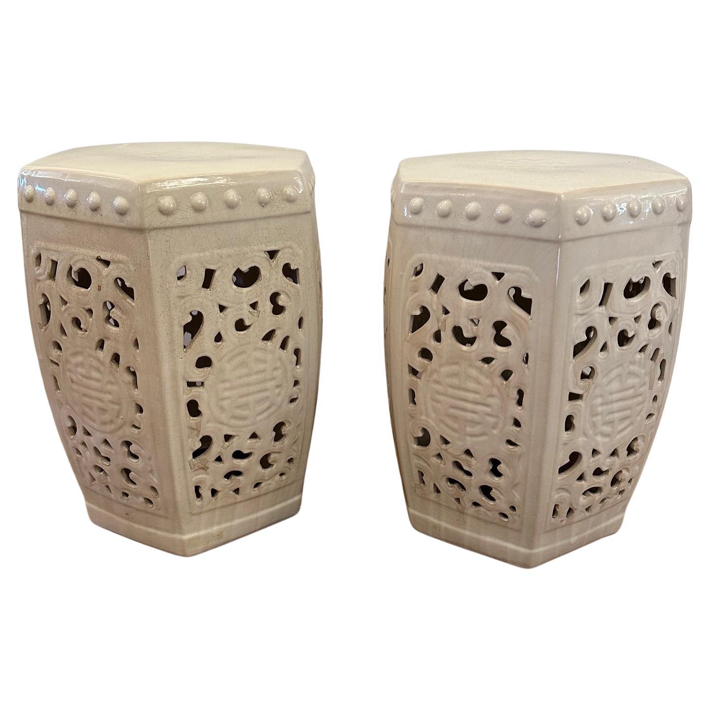 Elegant Pair of Blanc de Chine Chinese Garden Seats Tables For Sale