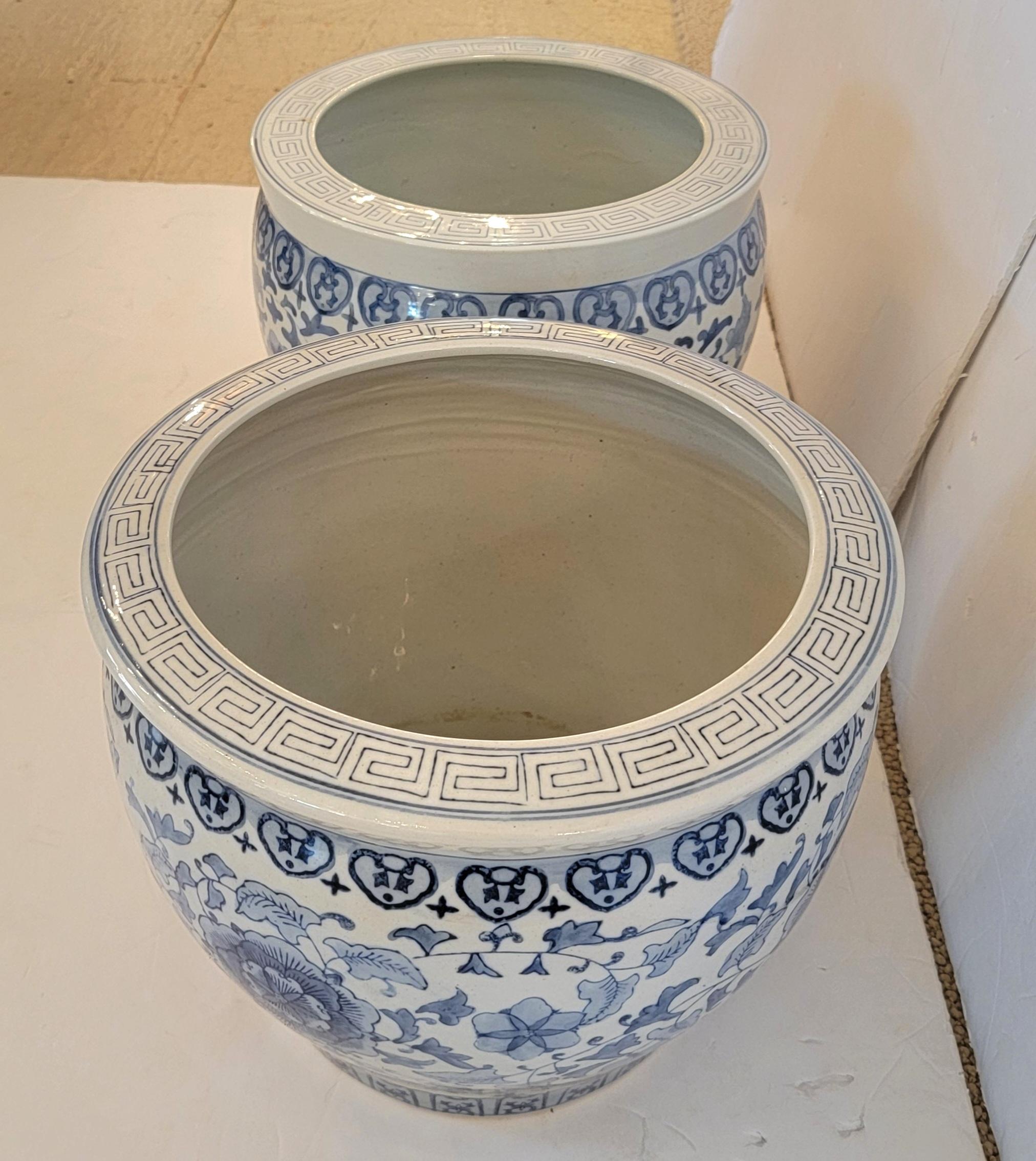 Elegant Pair of Blue & White Planters on Teak Stands For Sale 1