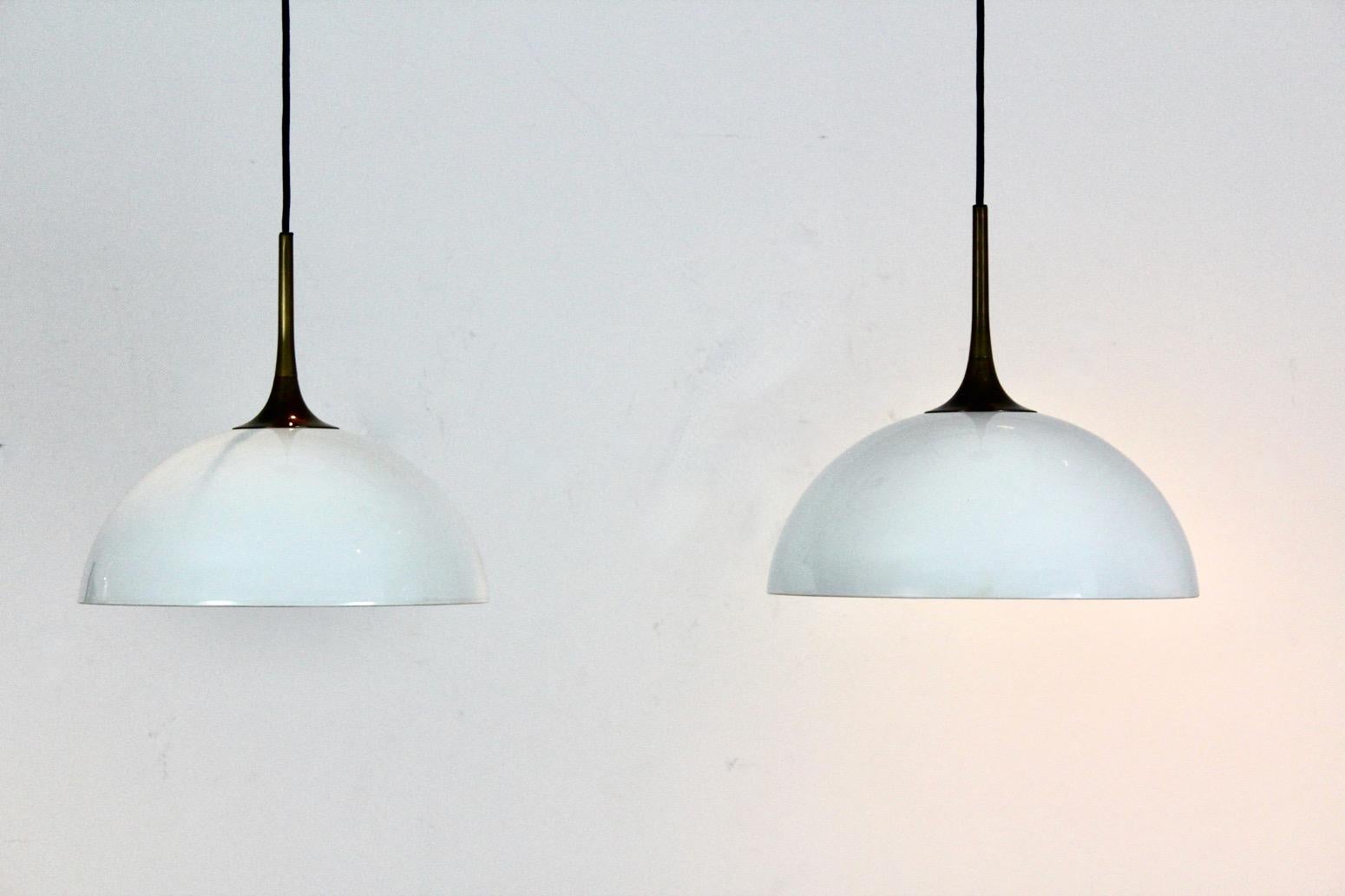 Elegant Pair of Brass and White-Opal Glass Pendant Lights by Florian Schulz For Sale 5