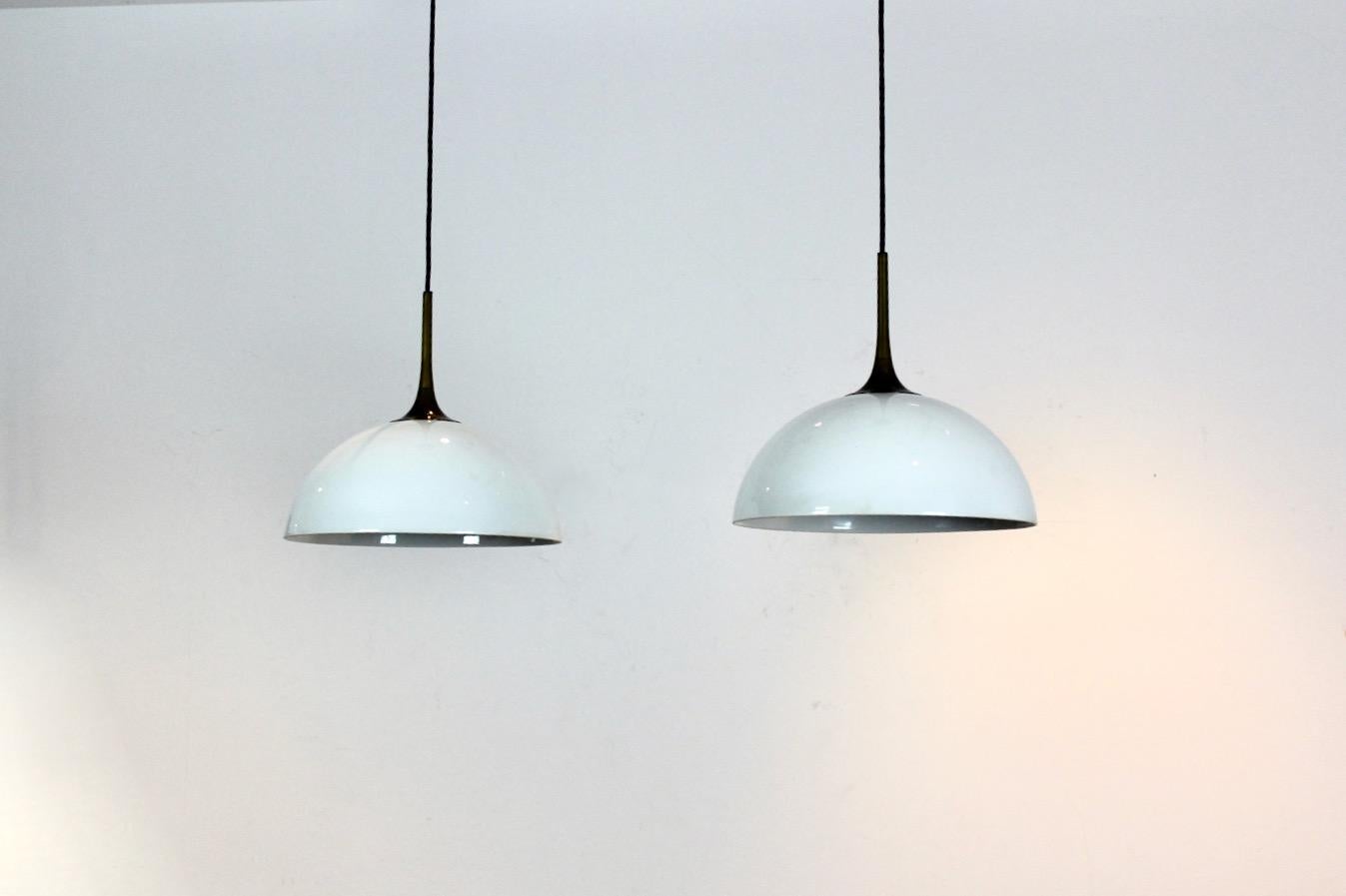 Elegant Pair of Brass and White-Opal Glass Pendant Lights by Florian Schulz For Sale 2
