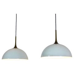 Retro Elegant Pair of Brass and White-Opal Glass Pendant Lights by Florian Schulz