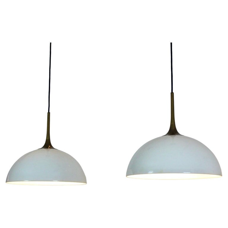 Elegant Pair of Brass and White-Opal Glass Pendant Lights by Florian Schulz  For Sale at 1stDibs