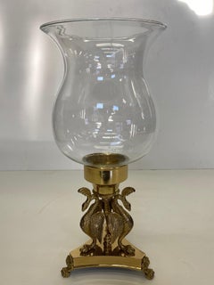 Elegant Pair of Brass & Blown Glass Hurricanes with Birds