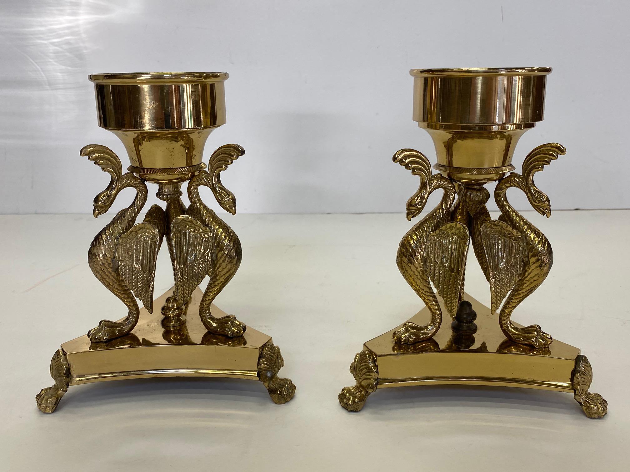 Elegant Pair of Brass & Blown Glass Hurricanes with Birds For Sale 1