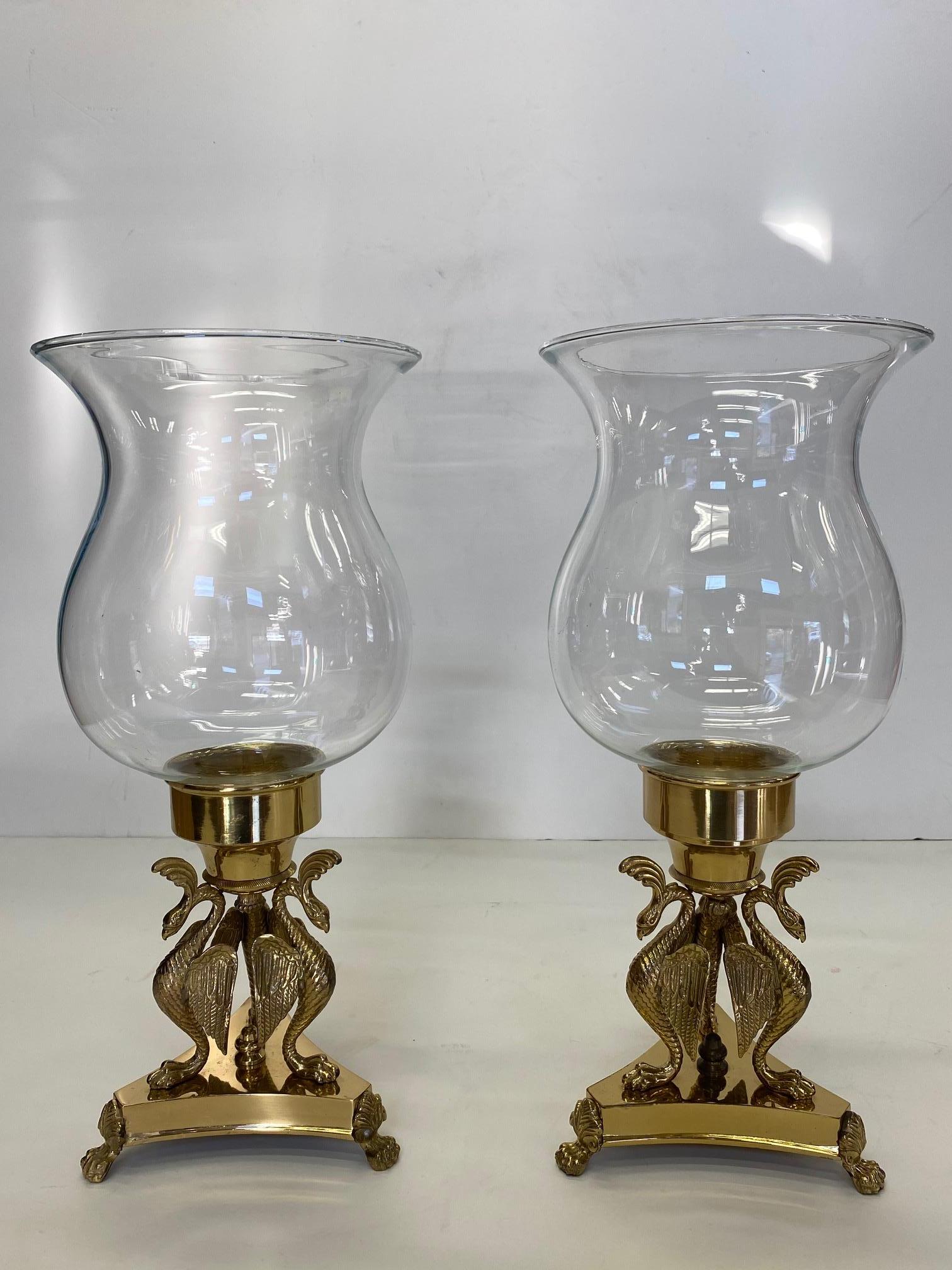 Elegant Pair of Brass & Blown Glass Hurricanes with Birds For Sale 3