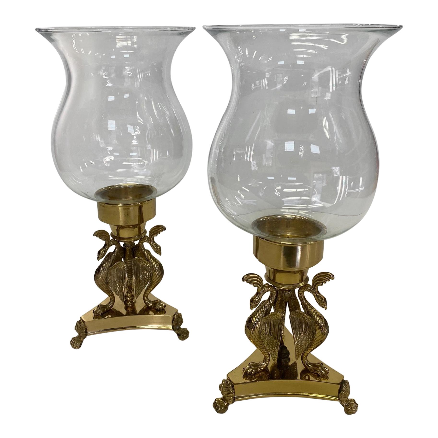 Elegant Pair of Brass & Blown Glass Hurricanes with Birds For Sale