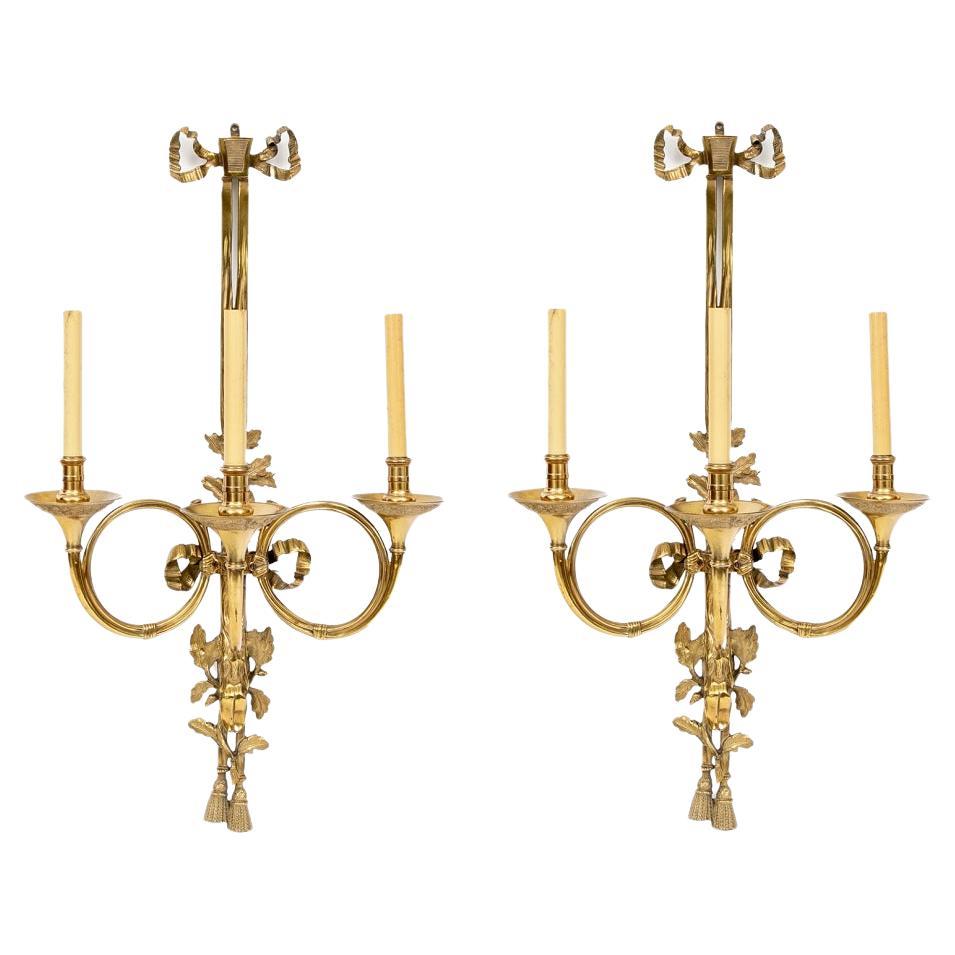 Elegant Pair of Brass Hunting Horn and Hoof Form Wall Lights