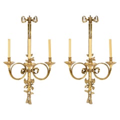 Elegant Pair of Brass Hunting Horn and Hoof Form Wall Lights