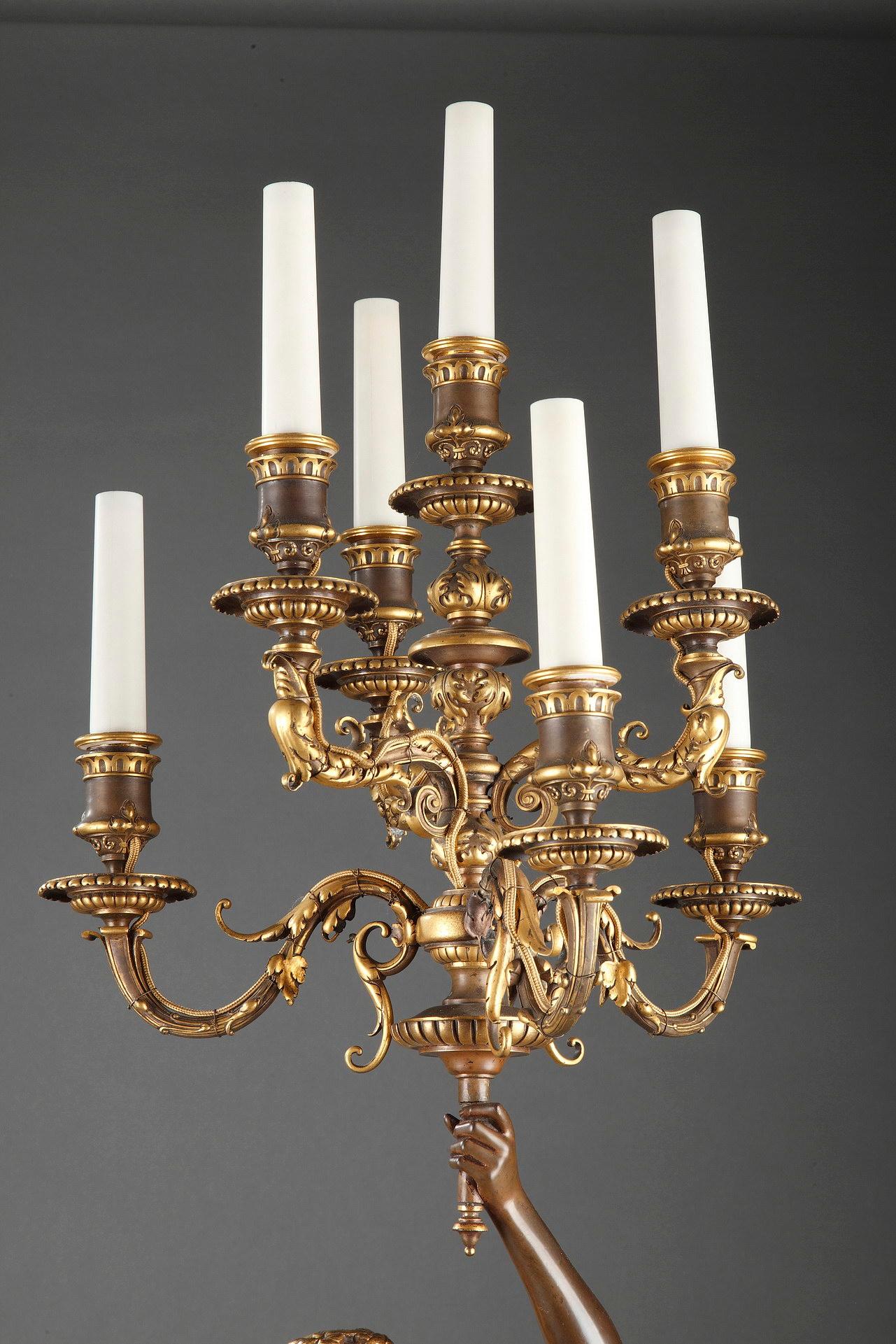 Elegant Pair of Bronze Torcheres by F. Barbedienne, P. Dubois and A. Falguière For Sale 7