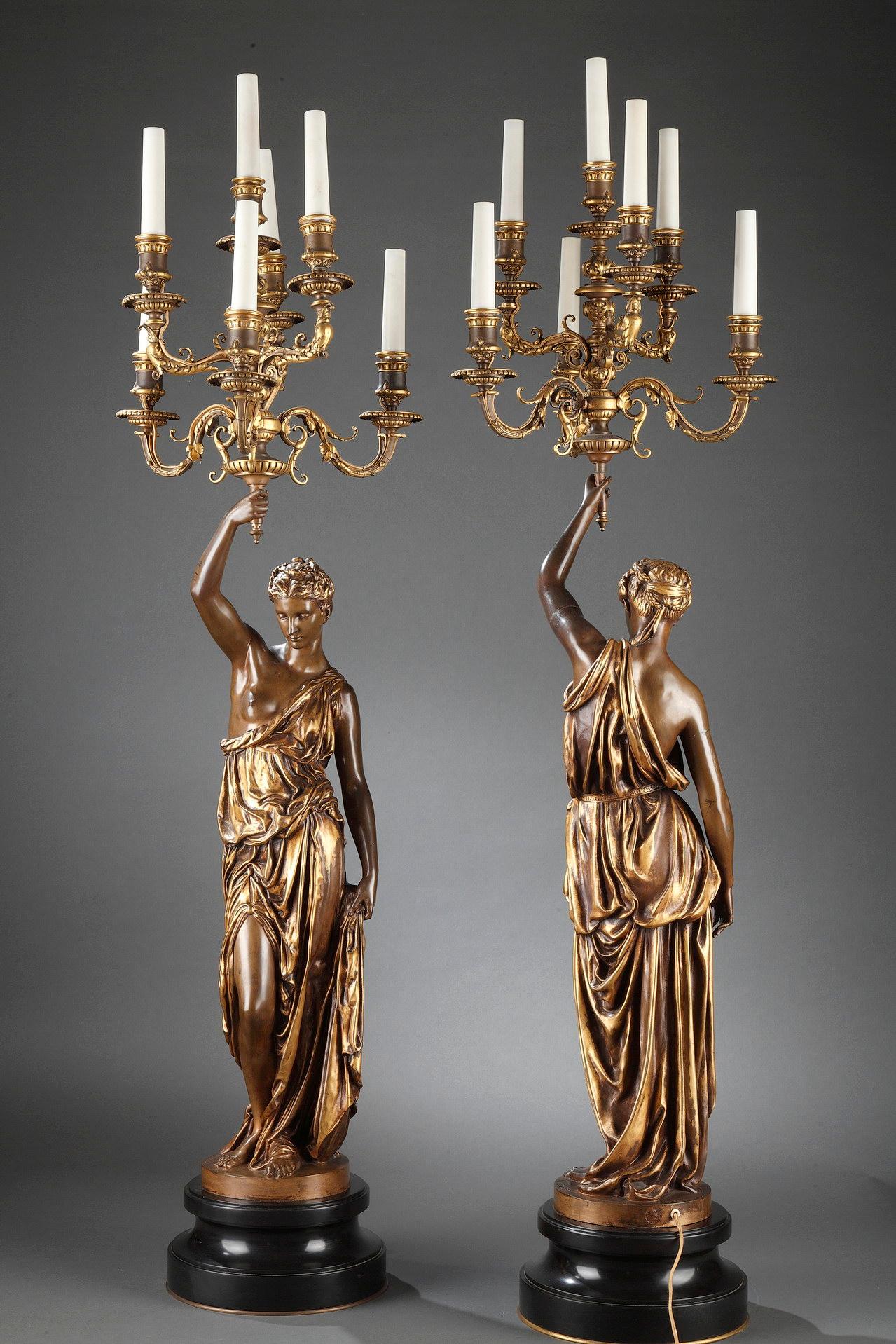 Elegant Pair of Bronze Torcheres by F. Barbedienne, P. Dubois and A. Falguière For Sale 8