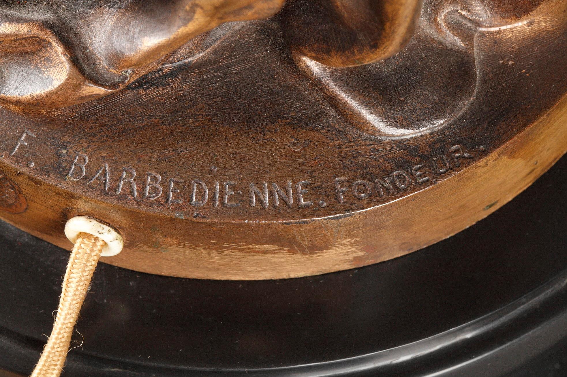 Elegantes Paar Bronzetaschenlampen von F. Barbedienne, P. Dubois und A. Falguière im Angebot 11