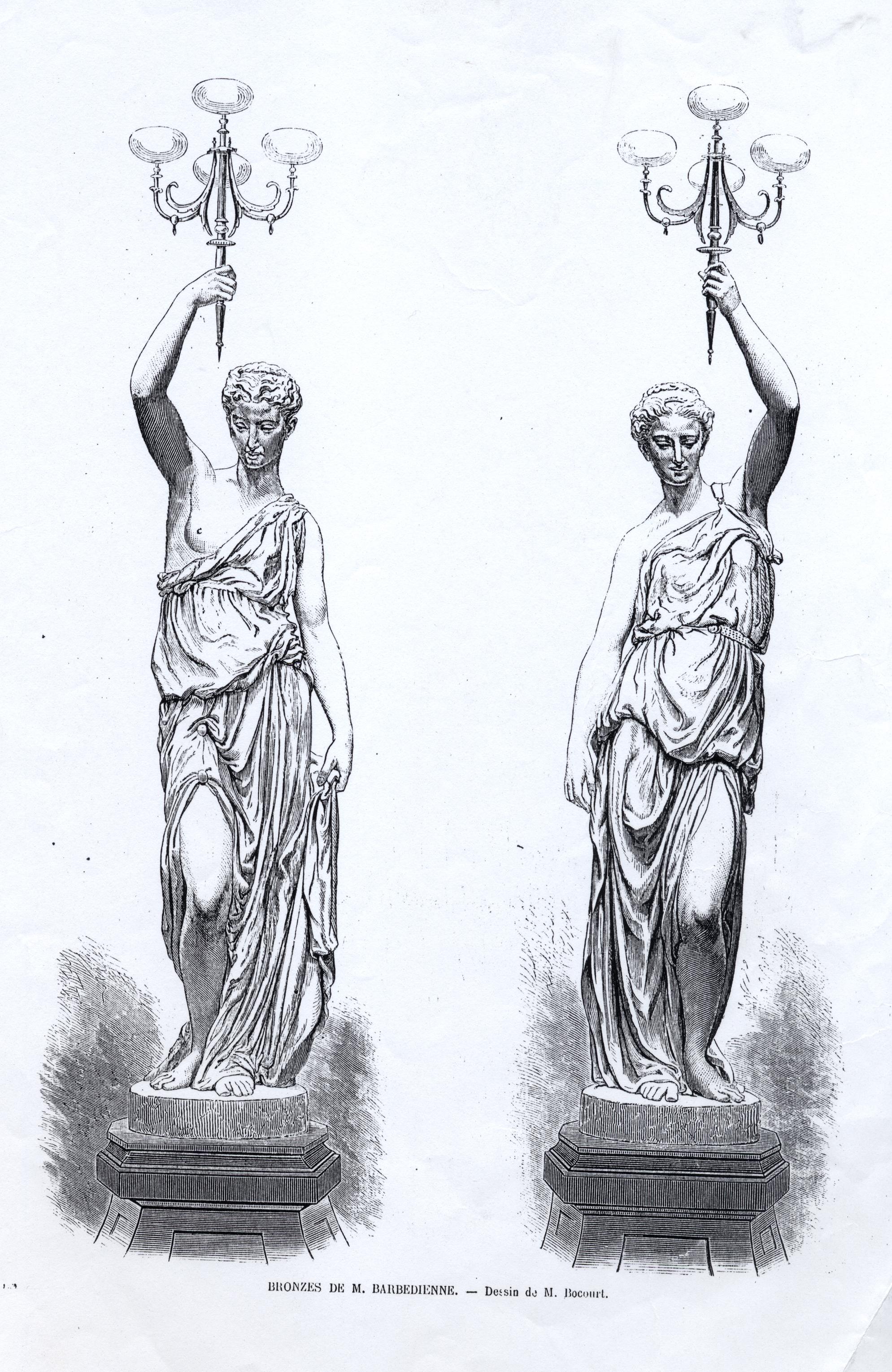 Elegant Pair of Bronze Torcheres by F. Barbedienne, P. Dubois and A. Falguière For Sale 13