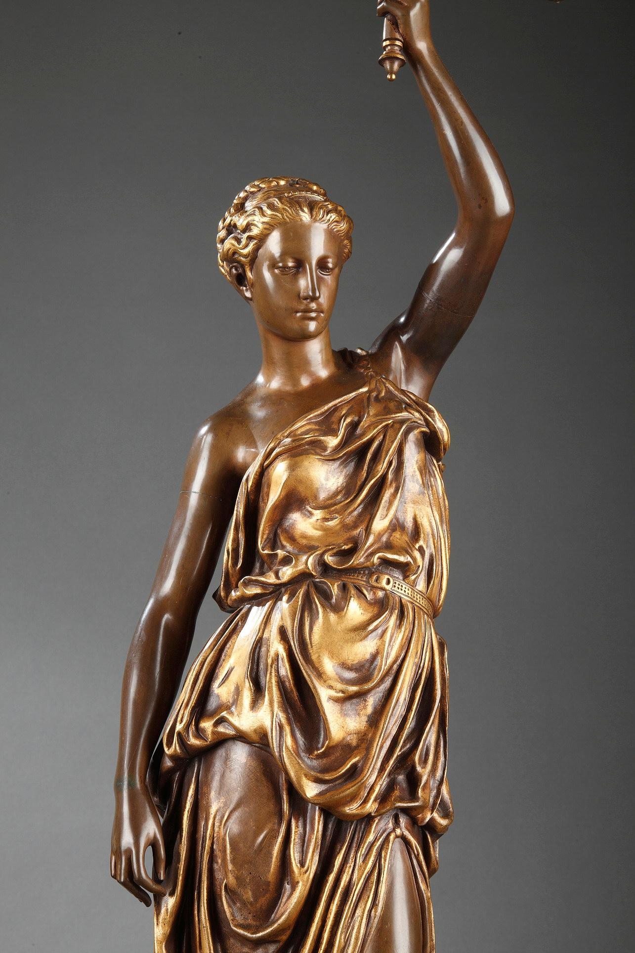 French Elegant Pair of Bronze Torcheres by F. Barbedienne, P. Dubois and A. Falguière For Sale
