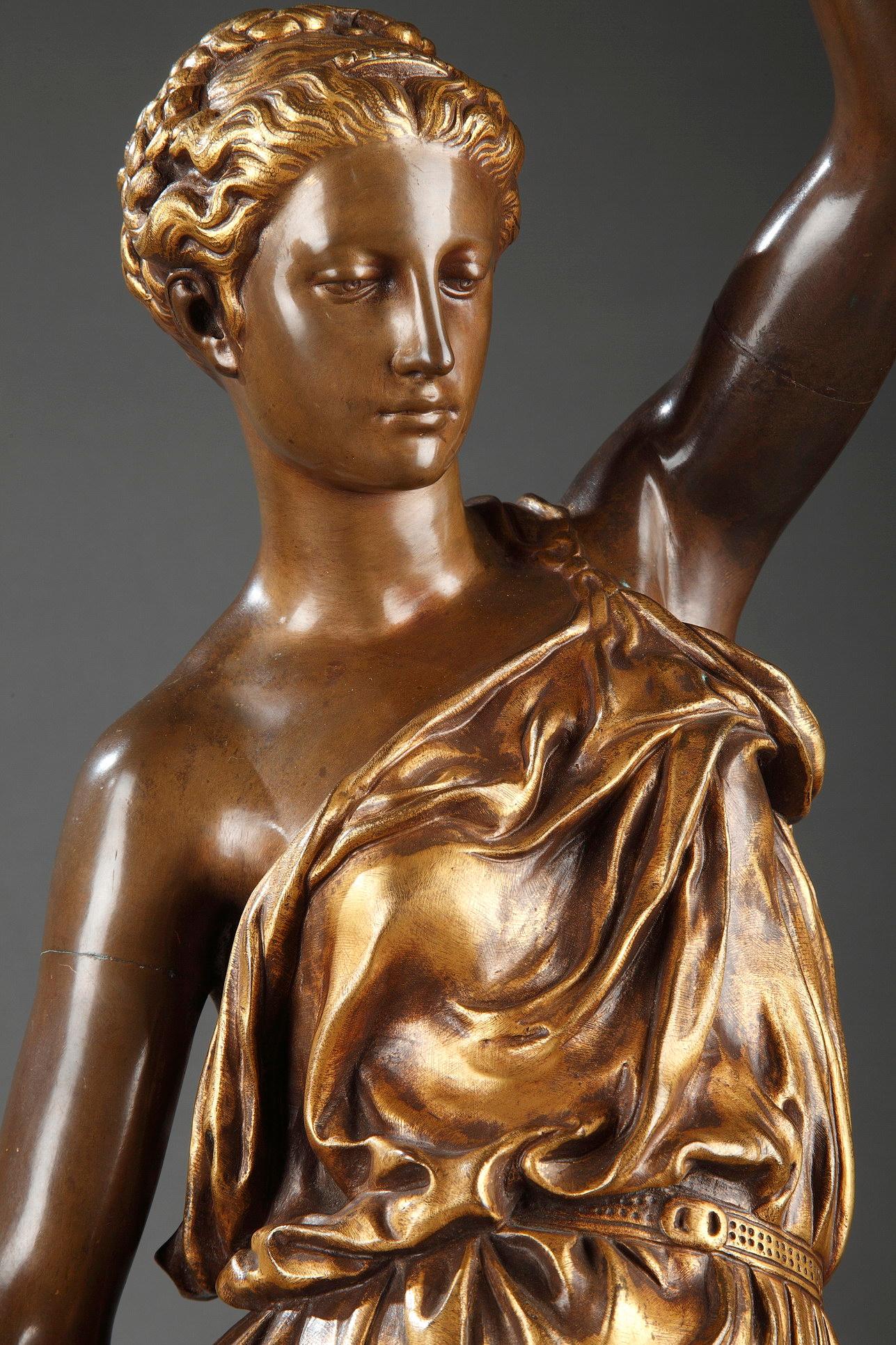 Patiné Élégante paire de flambeaux en bronze de F. Barbedienne, P. Dubois et A. Falguière en vente