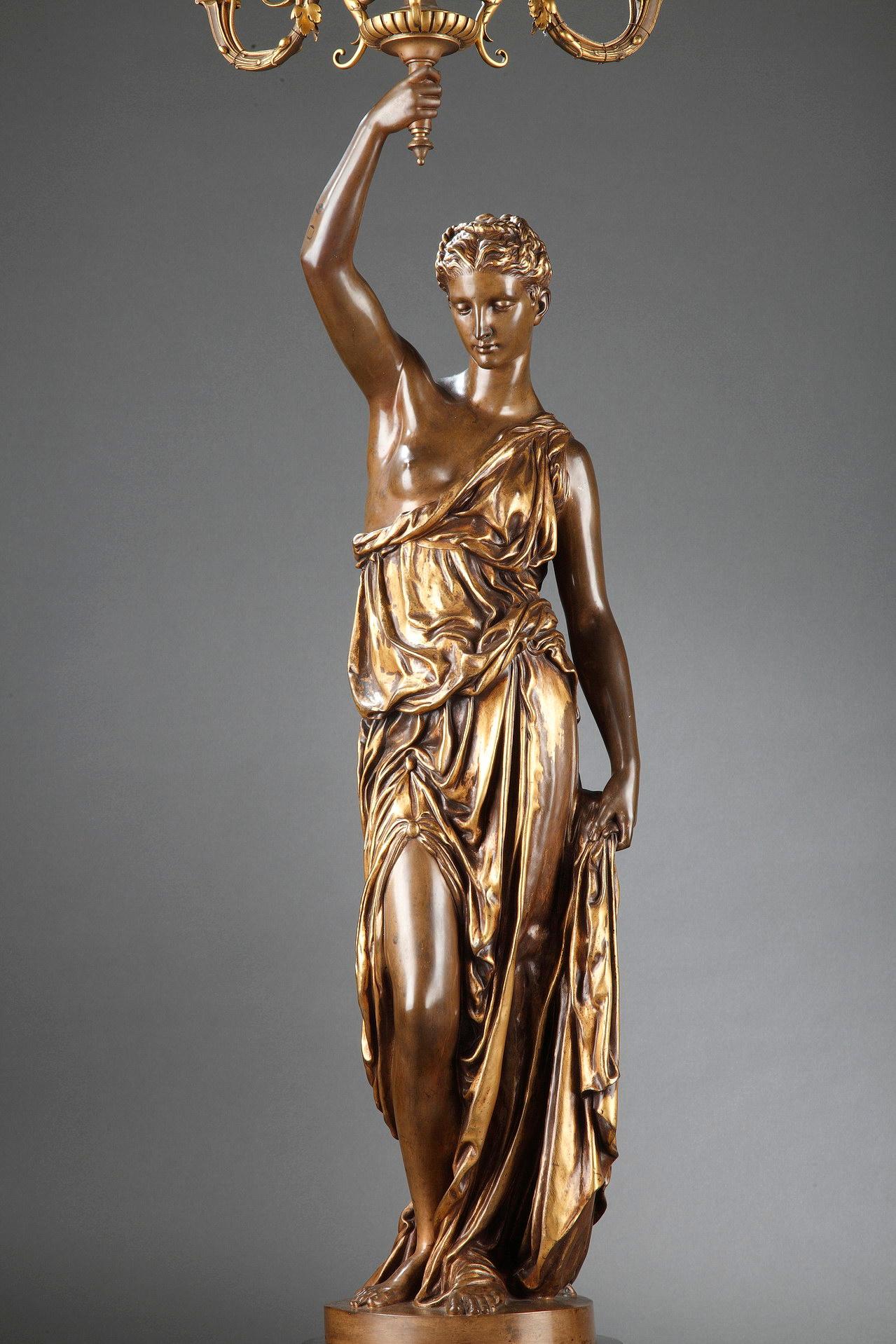 Elegant Pair of Bronze Torcheres by F. Barbedienne, P. Dubois and A. Falguière For Sale 1