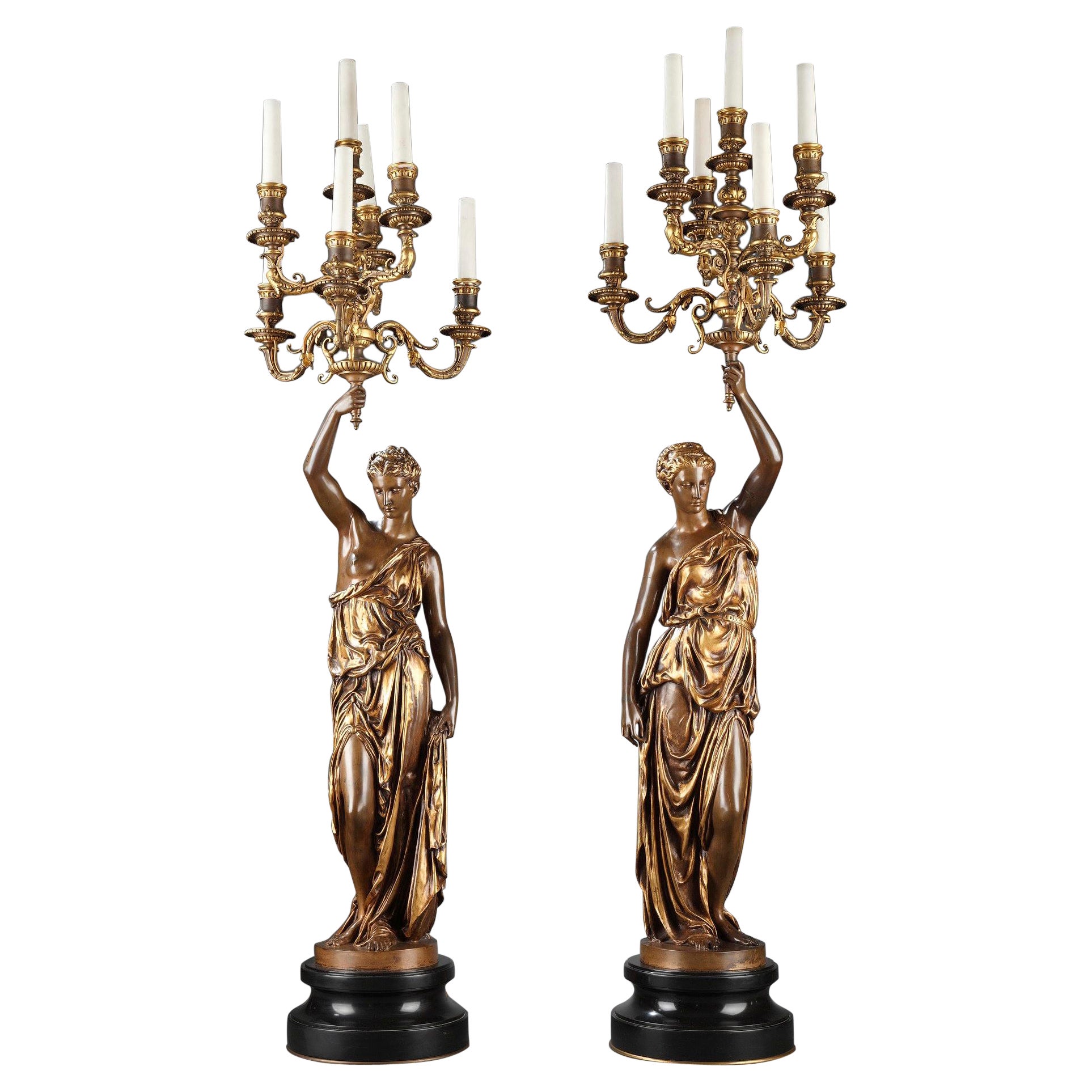Elegante coppia di torce in bronzo di F. Barbedienne, P. Dubois e A. Falguière