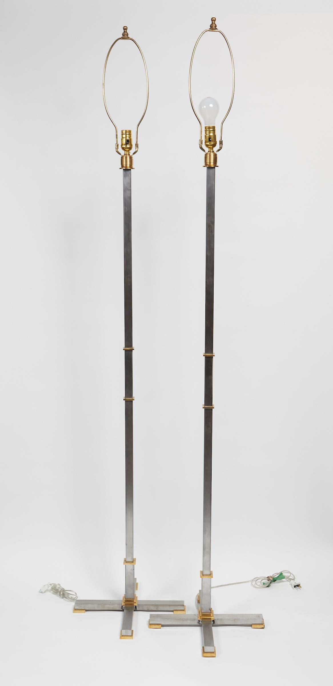 Elegant Pair of Brushed Steal and Solid Brass Floor Lamps by Maison Jansen 1