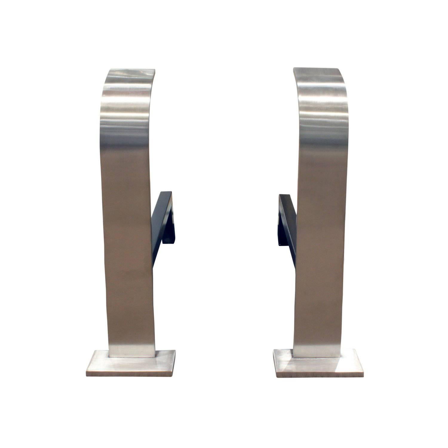 Elegant Pair of Brushed Steel Andirons, 1940s