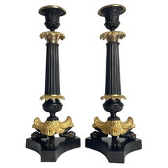 Elegantes Paar Kerzenständer in Louis Philippe. Dunkel patinierte und vergoldete Bronze