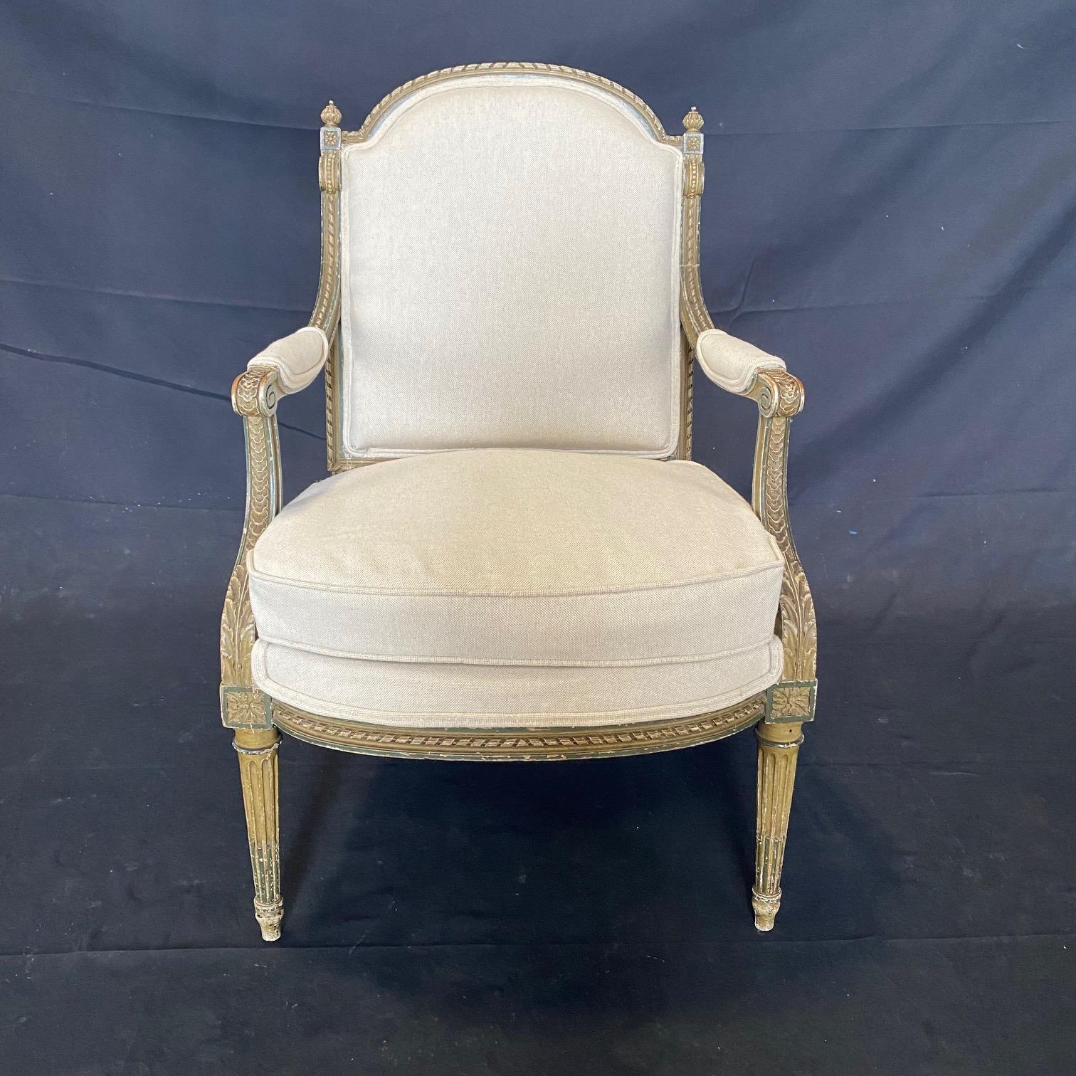 Elegant Pair of Carved Wood French Louis XVI Club Chairs with New Upholstery 6
