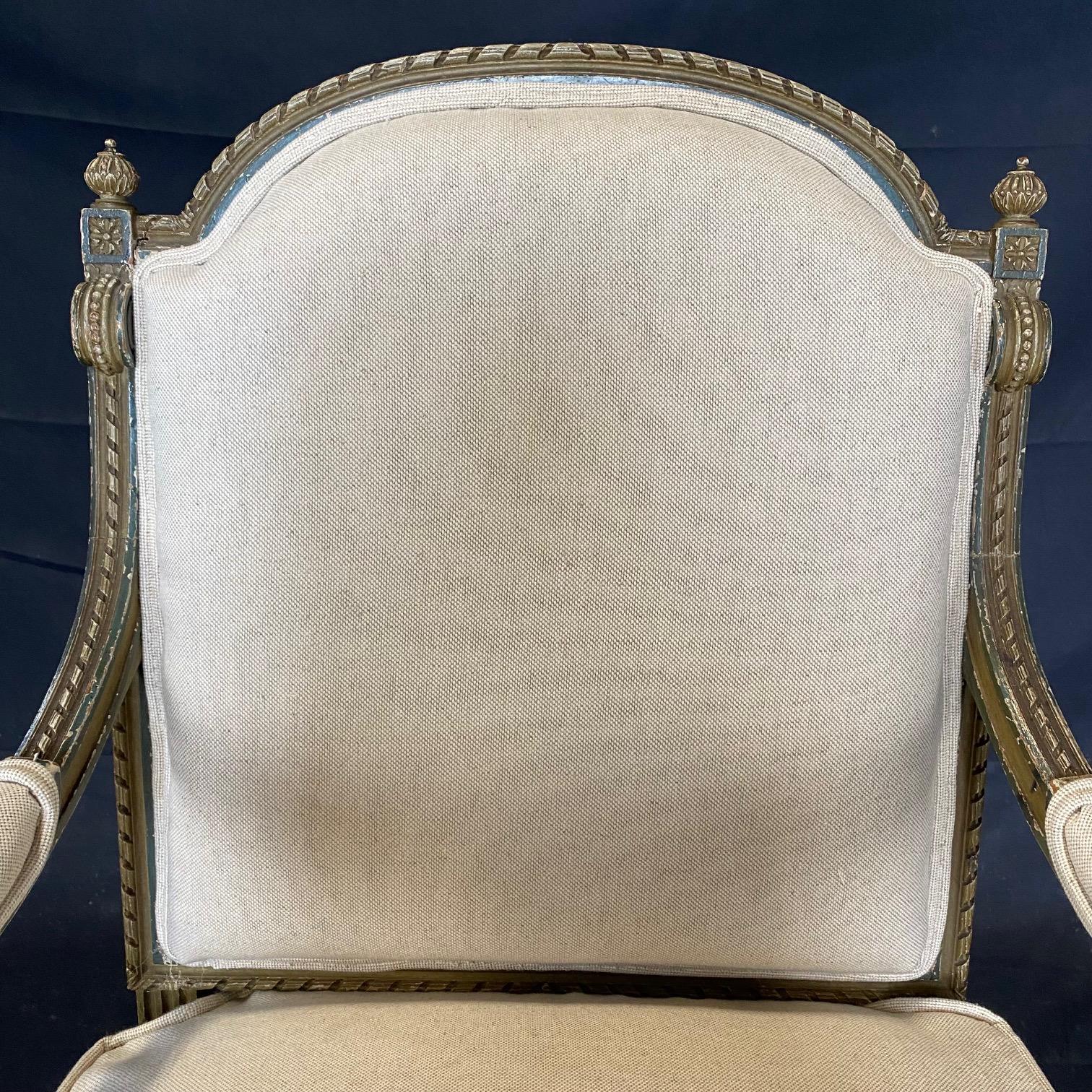 19th Century Elegant Pair of Carved Wood French Louis XVI Club Chairs with New Upholstery
