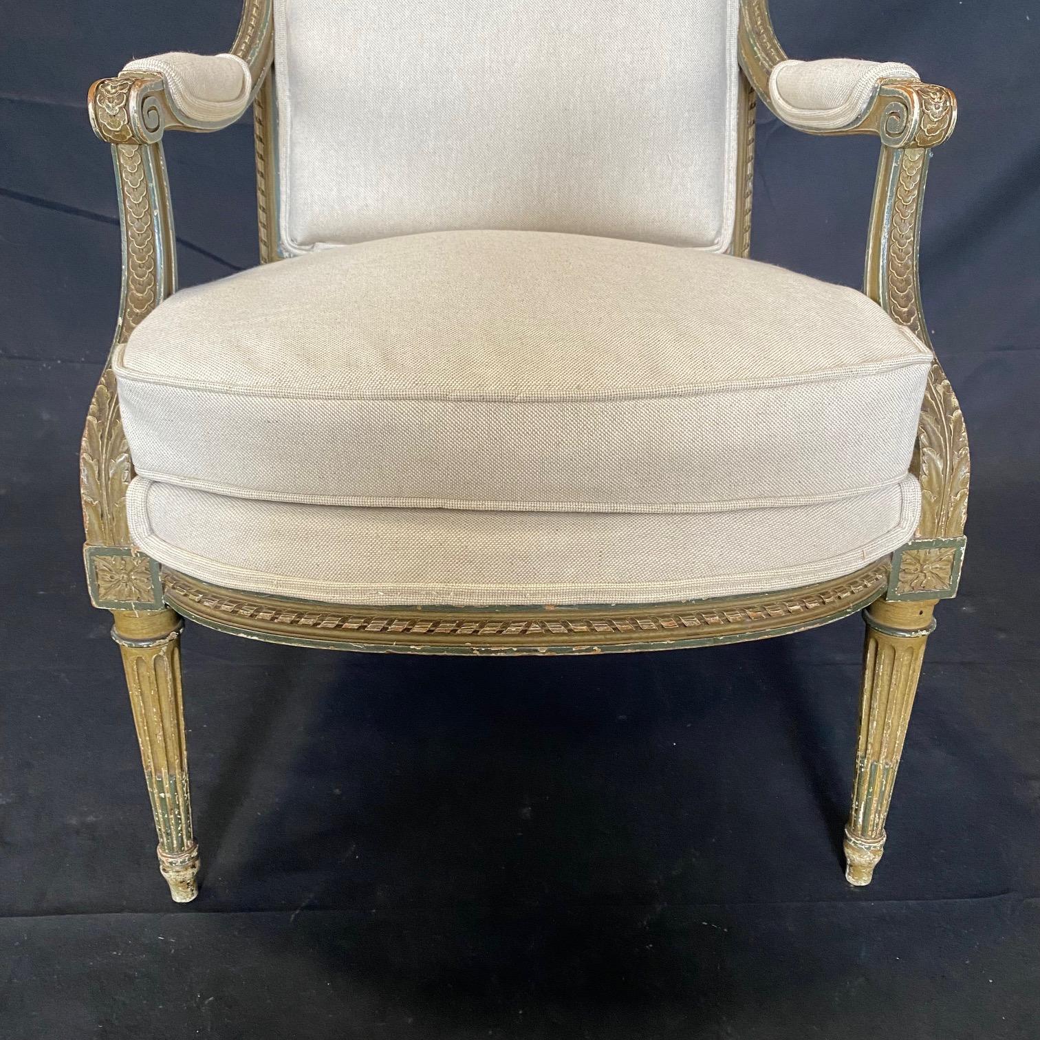 Elegant Pair of Carved Wood French Louis XVI Club Chairs with New Upholstery 2