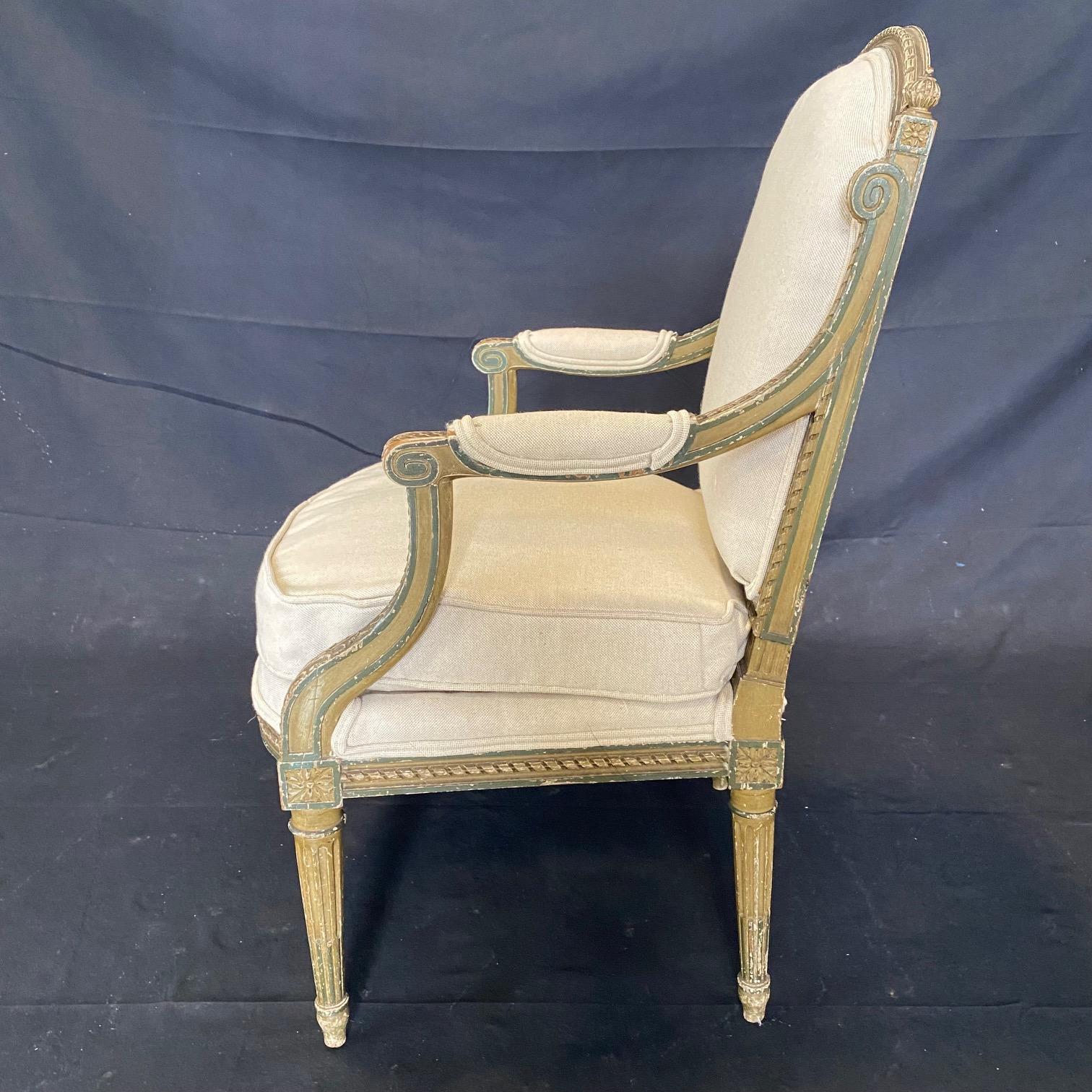 Elegant Pair of Carved Wood French Louis XVI Club Chairs with New Upholstery 3