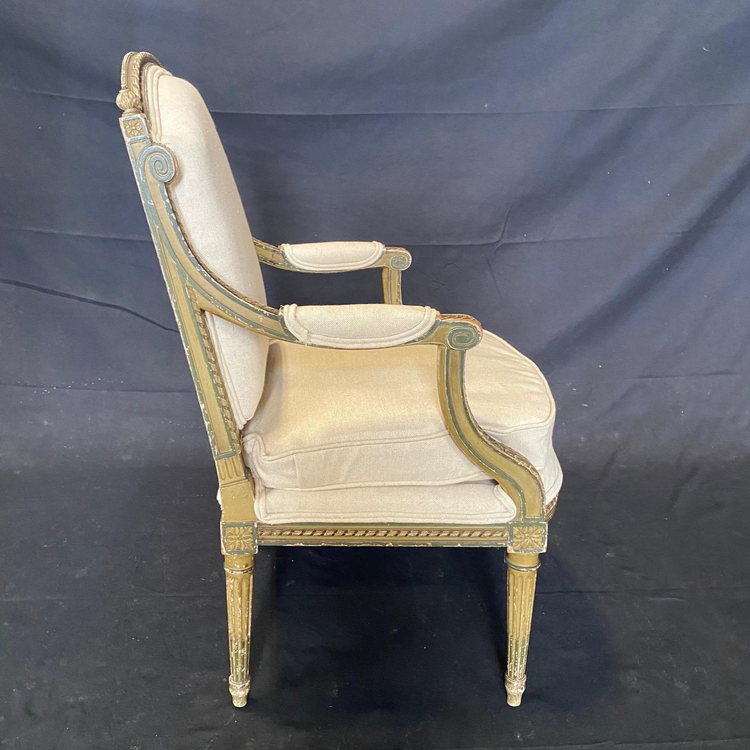 Elegant Pair of Carved Wood French Louis XVI Club Chairs with New Upholstery 5