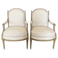 Elegant Pair of Carved Wood French Louis XVI Club Chairs with New Upholstery