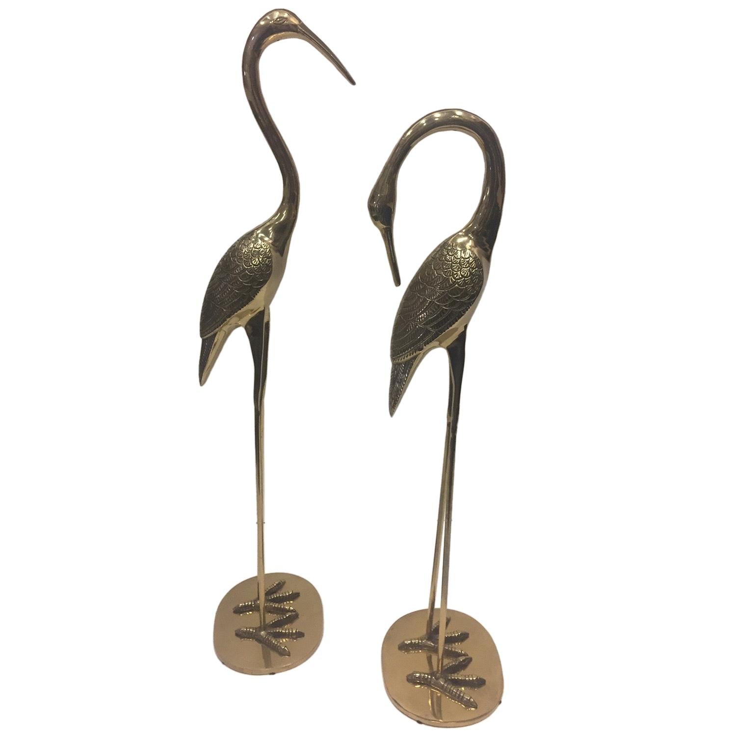 Elegant Pair of Cast Brass Crane Sculptures