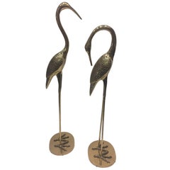 Vintage Elegant Pair of Cast Brass Crane Sculptures