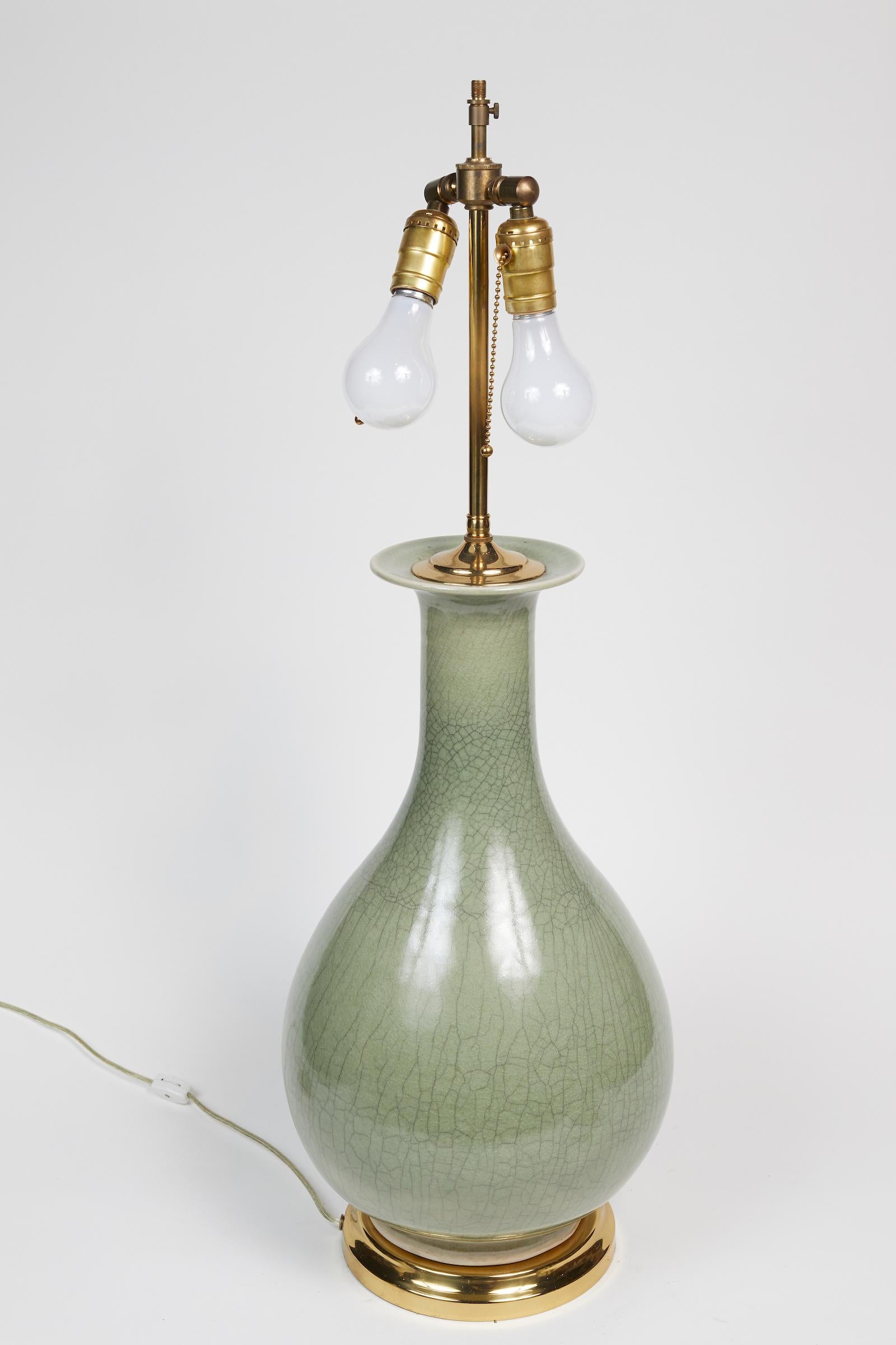 Late 20th Century Elegant Pair of Celadon Crackle Table Lamps
