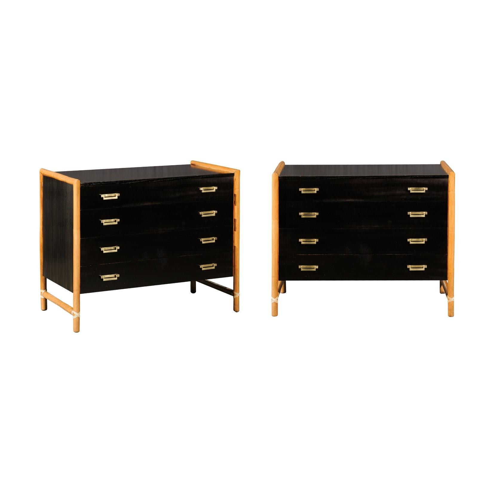 Elegant Pair of Cerused Oak and Rattan Campaign Chests by McGuire, circa 1970 For Sale