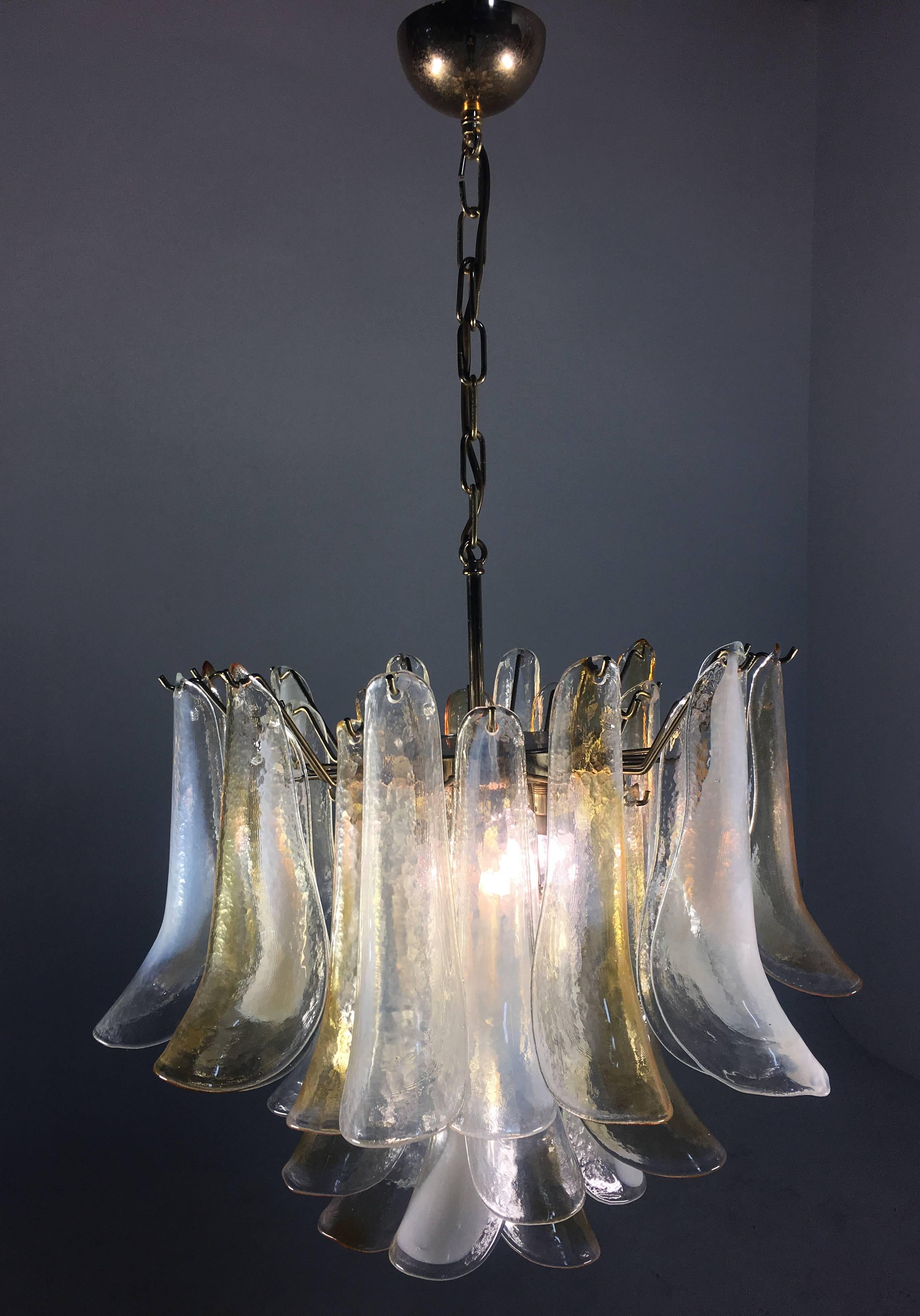 Late 20th Century Elegant Pair of Chandeliers 36  White and Amber Petals, Murano, 1990s For Sale