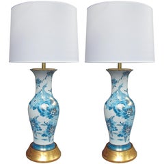 Elegant Pair of Chinese Blue and White Painted Baluster Form Vases Now Lamps